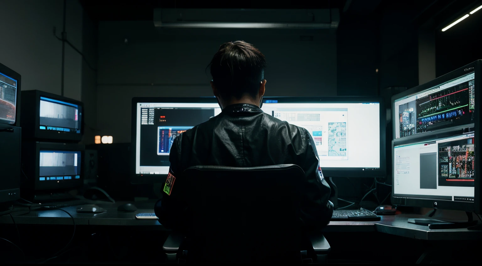 a man working on computer, cyberpunk, ultra realtic " ahead view back side "