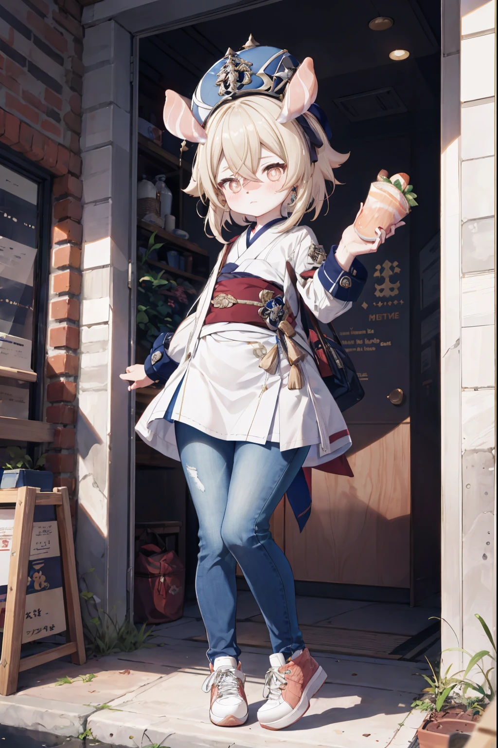 Melousine (genshin impact), masterpiece, bestquality,3 girl,young girl, pomelo buds, Ash Blonde, long-haired,unstable _Front,oily shiny skin,flat chest,nice leg line:1.3,thick thighs, thin-waist,, red_streaks_light_wrap_dress, white_platform_sneakers, woven_El_bag, straw_headgear, gold_hoop_earrings, jacket, long jeans city scenery,looking at the audience,From Top:1.2,dynamic angle