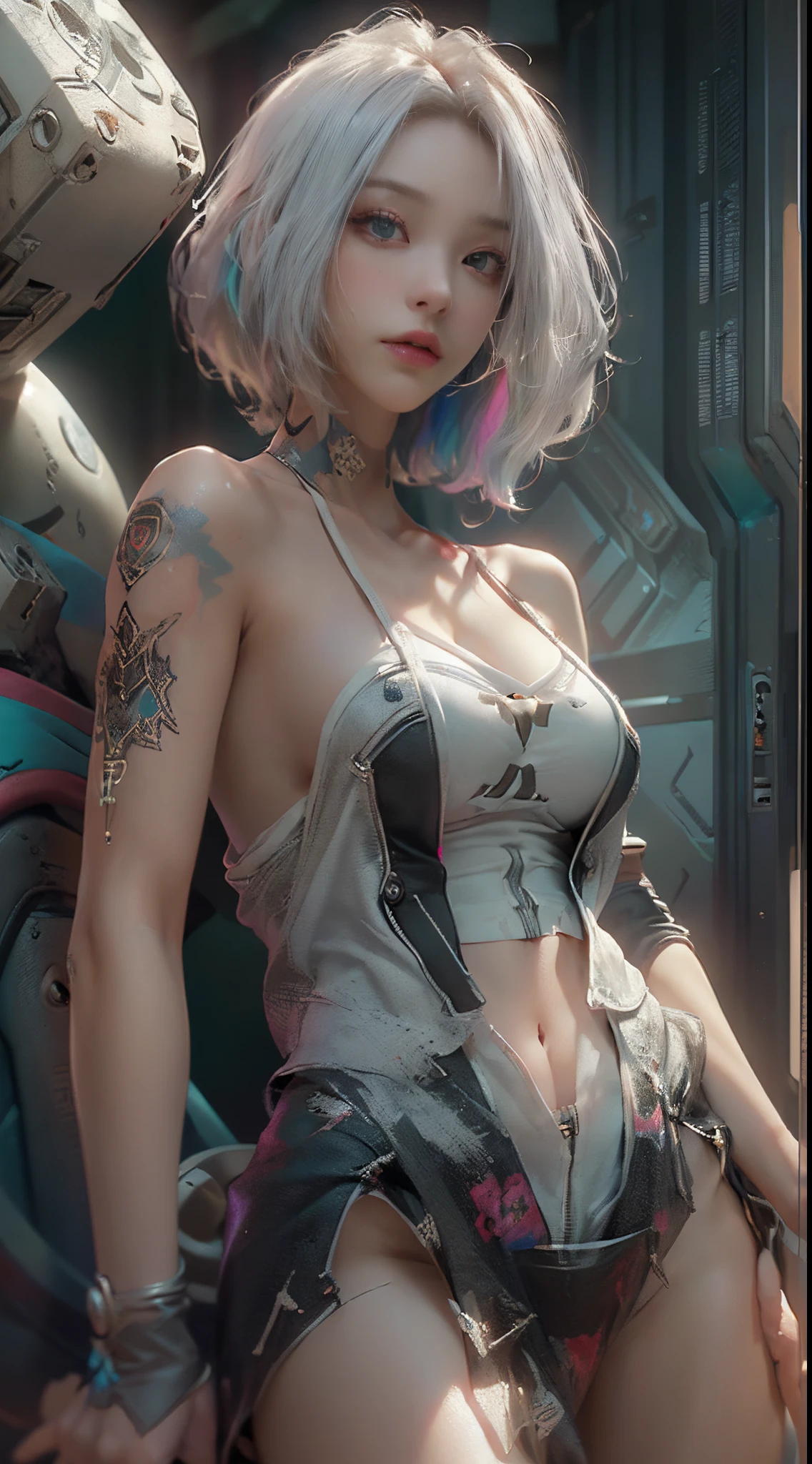 1 beautiful albino woman, Extremely thin, symmetrical body, fully corporeal, sensualizing with her mouth, with blonde hair with freckles, pink blush and tattoos wearing knee-high socks and a short miniskirt, sitting in a pink gaming chair, holding a controller PS5 high quality image, perfect symmetry, vibrant and clear, top quality details and definition, 1200 PPI – Photographic resolution with greater central realism, hyper-realistic and cinematic 16K UHD image resolution of high fidelity.