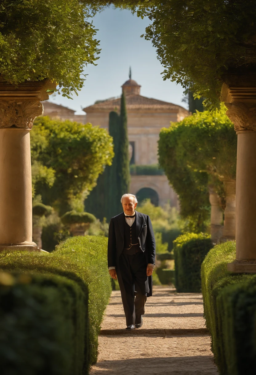 An image of Marcus Tullius Cicero enjoying a leisurely morning walk through the enchanting gardens of Villa Farnese, surrounded by the beauty of nature.,original,Marcus Tullius Cicero has a slender and tall build with a prominent forehead and high hairline. He has a long, thin face, a straight nose and a sharp chin. He has expressive and animated facial expressions. Meticulous in his appearance. Often wears a Roman Toga. He pays attention to his hair and beard.