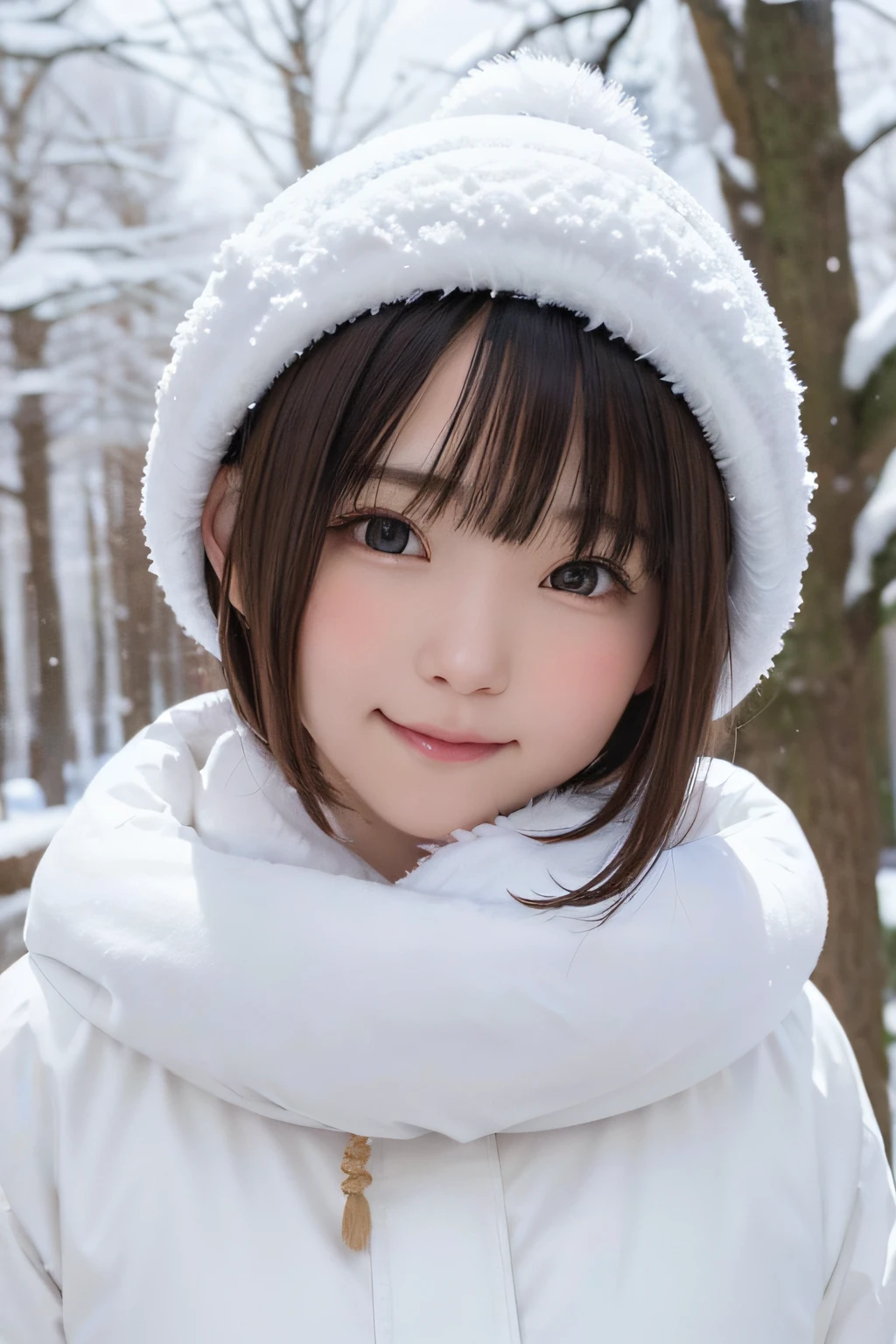 ((snow hair ornament))、snow forest girl,Medium bob hair.brown haired,Beautiful detailed eyes,Beautiful detailed lips,extremely detailed eye and face,longeyelashes,Traditional Illustration,Ultra-detailed,natural,Serene,Winter wonderland,Snowy trees,Sparkling snowflakes,Best Quality,8K,hight resolution,masutepiece:1.2,Ultra-detailed,Realistic:1.37,Snowy landscape,Soft pastel colors,The tree々Warm sunlight shining in from between,subtle shadows,peaceful,tranquil,An enchanted forest. Japanese 12 year old girl with a shy smile、Outside