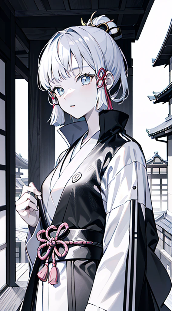 kamisato ayaka, (best quality, highres, masterpiece:1.2), upper body, detailed black and white coat, modern style, elegant pose, flawless skin, stylish haircut, captivating gaze, soft lighting, traditional japanese architecture