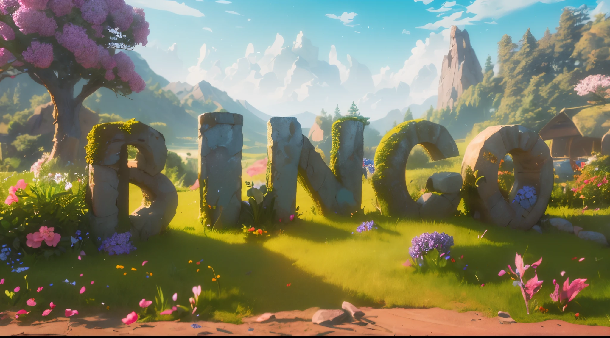 Create a 3D rendered image of a serene landscape. The centerpiece of the image should be the word ‘BINGO’, crafted from Marble stone letters. These letters should have a touch of nature, with (moss and vines growing on them:1). Surrounding the stone word, the landscape should be lush with green trees and vibrant flowers in shades of pink and orange. In the distance. Above, the sky should be a clear blue, and beneath the word ‘BINGO’, there should be a dirt path or (a dirt roadside at the bottom of the image, parallel to the bottom border. The road should be a warm brown:1.4). The overall atmosphere should evoke a sense of tranquility and harmony with nature.
