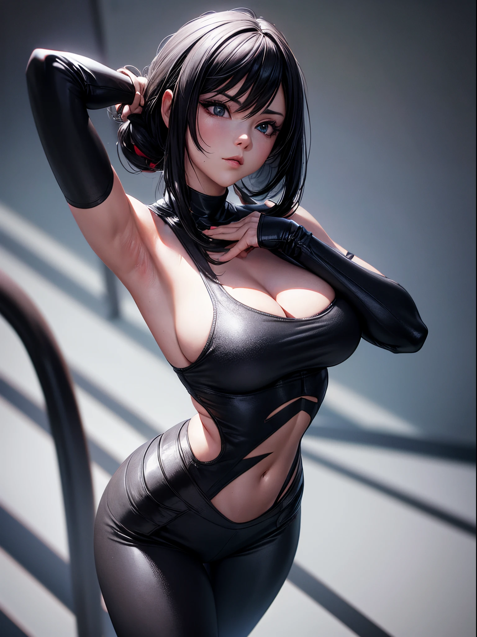 Woman wearing black leggings posing for photo, The head is not exposed，Wearing half-sleeved upper body，[ 4K realism ]!!, [ 4K realism ]!!!, [ 4K digital art ]!!, Realistic shadow perfect body, realisticlying!!!!!!! art-style, photorealistic anime, by Shitao, Popular topics on cgstation, Casual pose, realistic anime 3D style