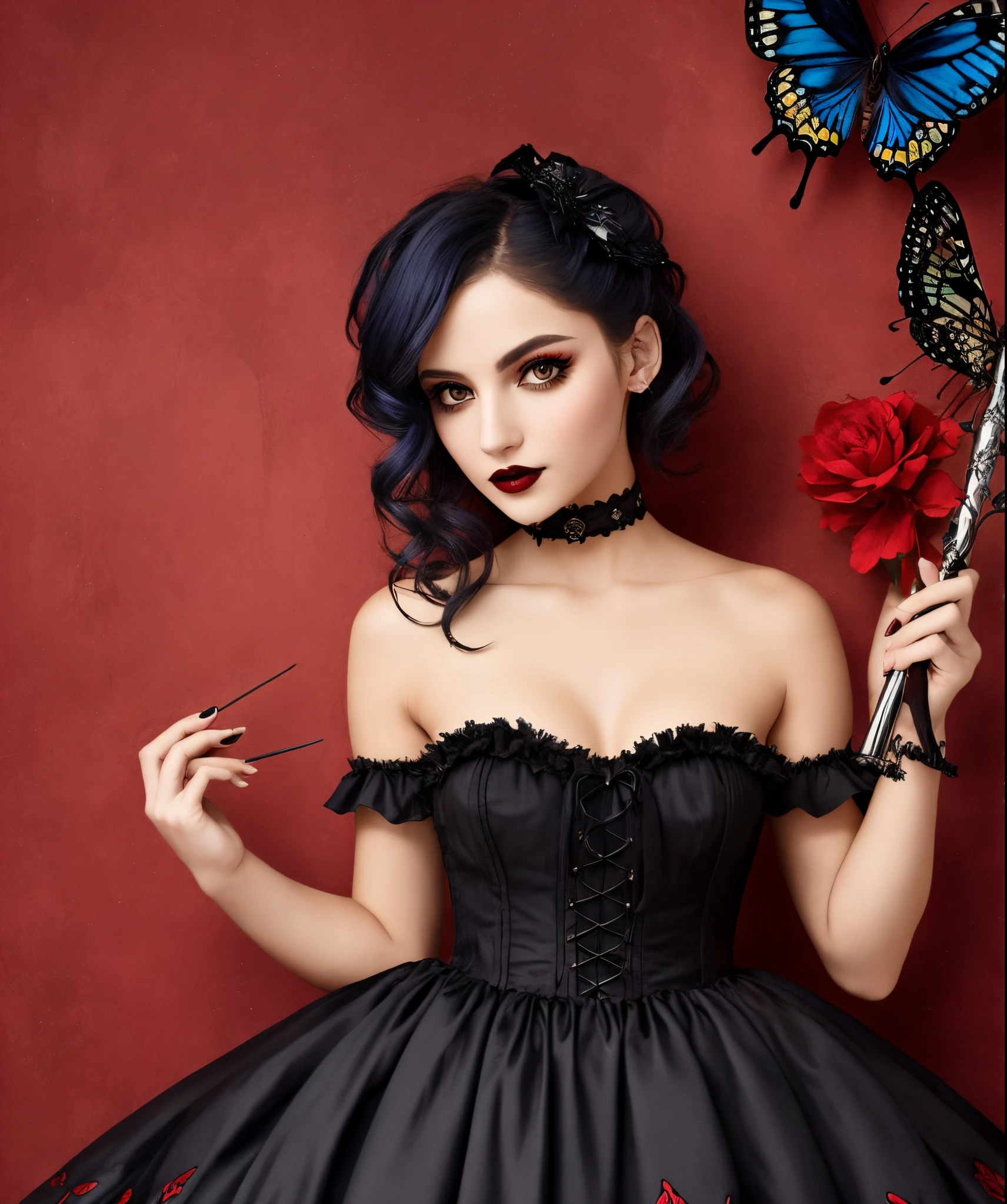 Two-dimensional style,cabelos preto e longos,red color eyes,Wearing a strapless ta gothic black and red skirt,There are butterfly elements on the body,Holding a huge, cool and exquisite sickle,exquisite facial features,beautidful eyes,A high resolution,multi-detail