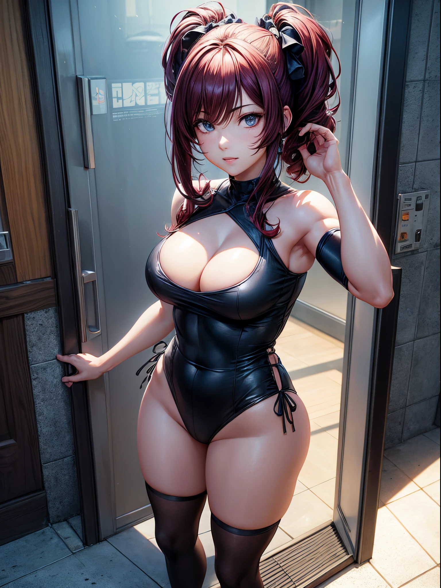 A woman leaning against the door posing for a photo, The head is not exposed，Wearing half-sleeved upper body，[ 4K realism ]!!, [ 4K realism ]!!!, [ 4K digital art ]!!, Realistic shadow perfect body, realisticlying!!!!!!! art-style, photorealistic anime, by Shitao, Popular topics on cgstation, Casual pose, realistic anime 3D style