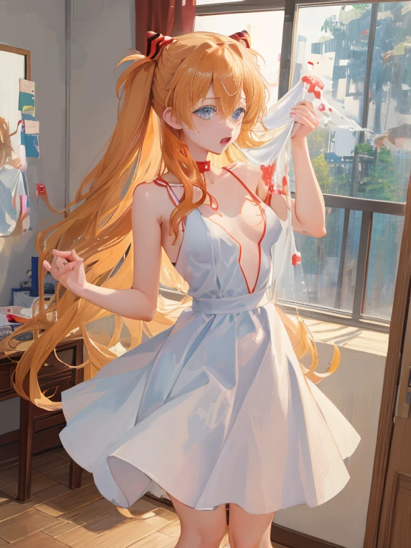 (masutepiece, Best Quality, Detailed), 1girl in, Solo, Indoors, dress room, 双臂在头后, Souryu Asuka Langley, Interface headset, fullnude、Ahegao、A large amount of love juice flows out、Squirting、