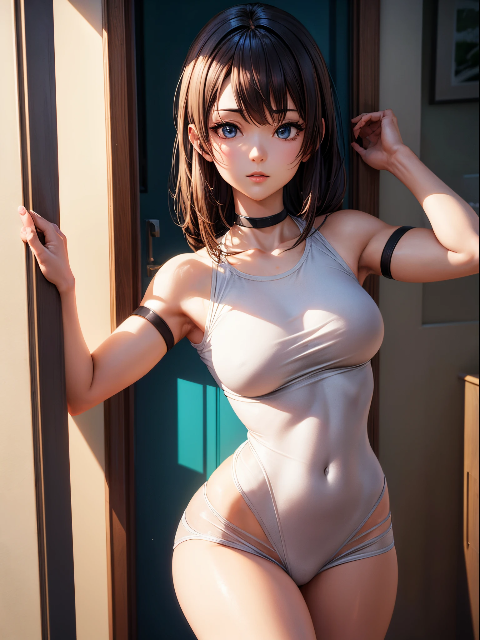 A woman leaning against the door posing for a photo, The head is not exposed，Wearing half-sleeved upper body，[ 4K realism ]!!, [ 4K realism ]!!!, [ 4K digital art ]!!, Realistic shadow perfect body, realisticlying!!!!!!! art-style, photorealistic anime, by Shitao, Popular topics on cgstation, Casual pose, realistic anime 3D style