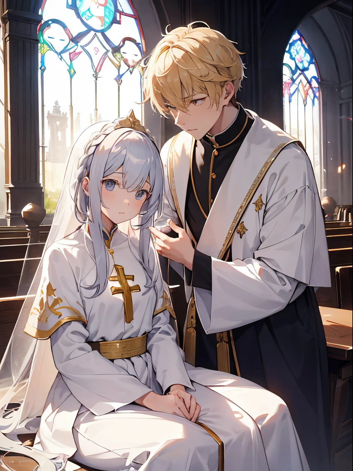 Men and women in their 20s、man 1、Female 1、Both men and women are priests、Both men and women are praying、Holy Church、Illuminated by sunlight、femele（a blond、Semi-long）、male people（silber hair、short-cut）、I&#39;m praying towards you、The fantastic scenery