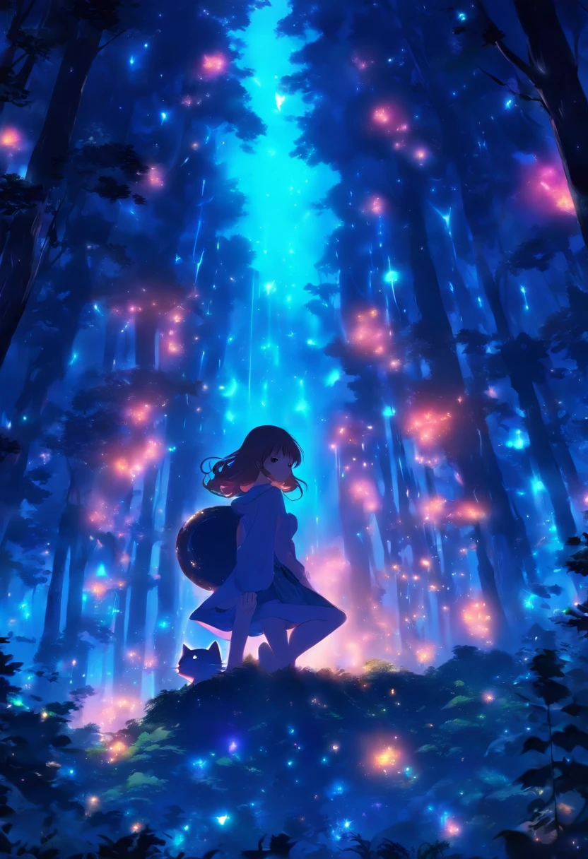foreshortening,  depth of fields, tmasterpiece, Best quality at best, 1个Giant Breast Girl, Brown hair, Brown eyes,  long whitr hair,In the forest, glowworm, Alone, holding cat，looking at viewert, komono,,  There is a halo around the character,