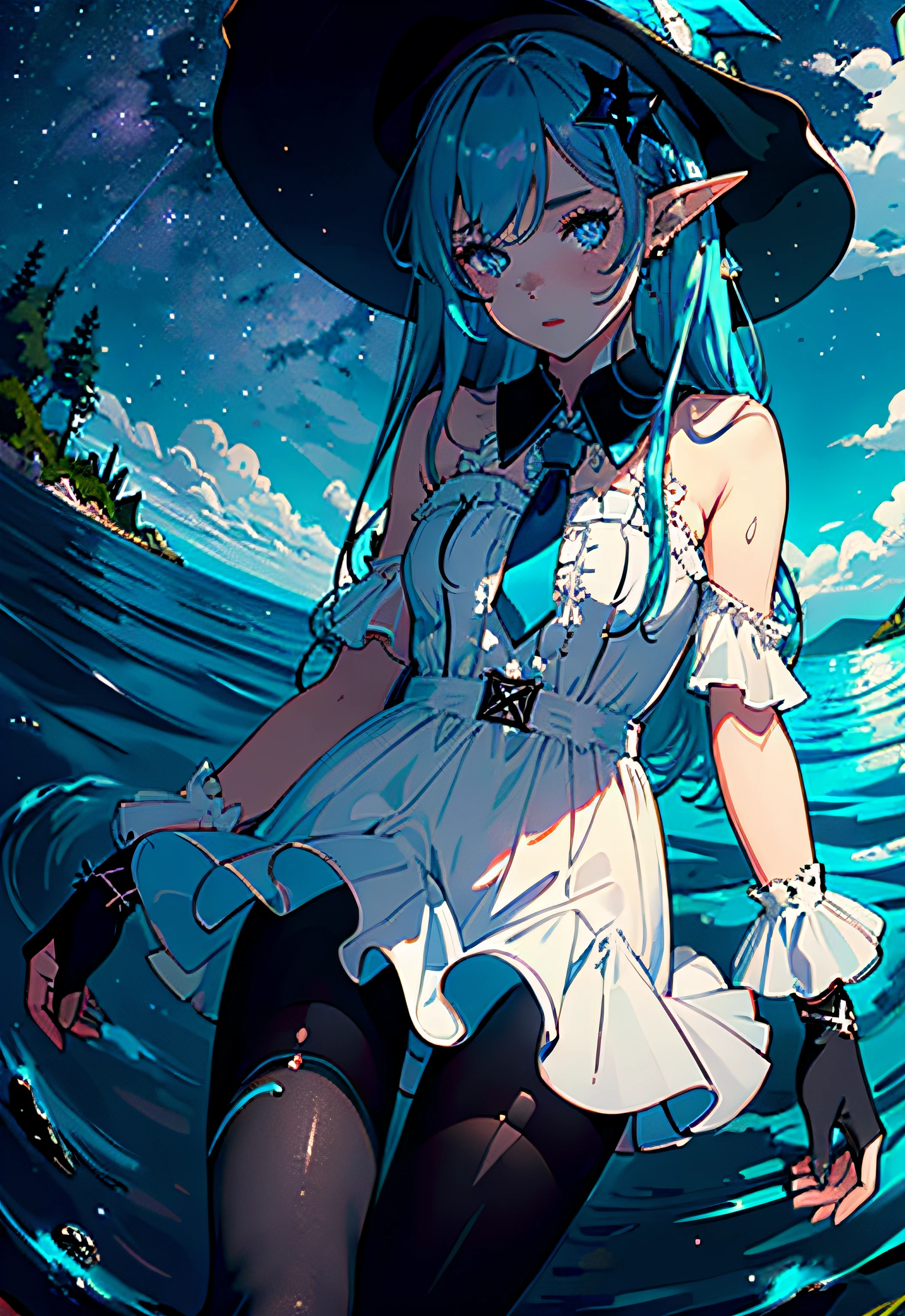 ((masterpiece)),(((bestquality))),((ultra-detailed)),((illustration)),((disheveledhair)),((colorful refraction)), ((beautiful detailed sky)), ((thigh focus)), ((dark intense shadows)), ((cinematic lighting)), ((overexposure)), depth of field,flat color, (beautiful detailed girl),beautiful detailed glow, ,detailed lighting, detailed water,(beautiful detailed eyes), perfect light,lake, crosier, night, starry sky, 
1girl,solo, (80d:1.2), (black pantyhose:1.2), standing in the ocean, partially submerged, enchantress, blue hair, blue eyes, elf ears, wizard hat, white dress, :D, 
 ulzzang-6500-v1.1