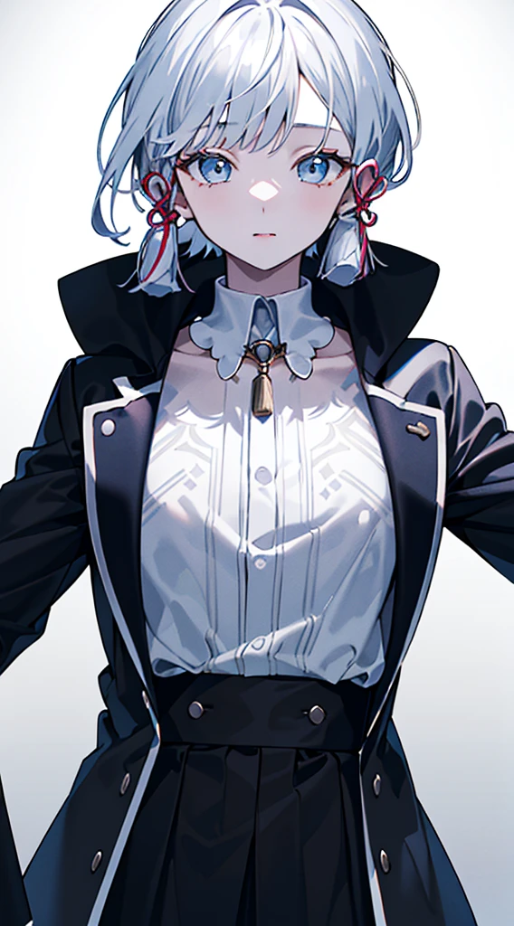 kamisato ayaka, (best quality, highres, masterpiece:1.2), upper body, detailed black and white coat, modern style, elegant pose, flawless skin, stylish haircut, captivating gaze, soft lighting