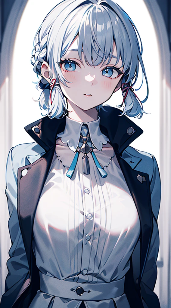 kamisato ayaka, (best quality, highres, masterpiece:1.2), upper body, detailed black and white coat, modern style, elegant pose, flawless skin, stylish haircut, captivating gaze, soft lighting