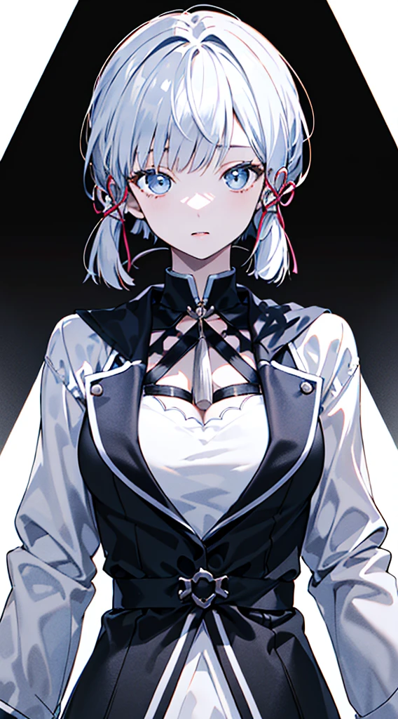 kamisato ayaka, (best quality, highres, masterpiece:1.2), upper body, detailed black and white coat, modern style, elegant pose, flawless skin, stylish haircut, captivating gaze, soft lighting