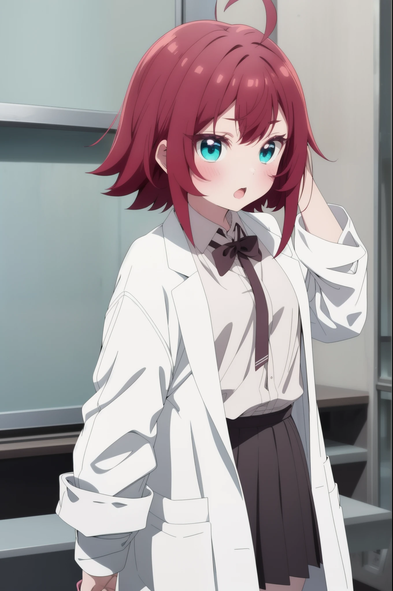 makinishikino, Maki Nishikino, short hair, (purple eyes:1.1), redhead,happy smile, smile, open your mouth, amazingly beautiful、((doctor&#39;s white coat)), collared shirt、doctor style)), ,(( silk blouse、black pencil skirt、 black pantyhose))、stiletto heels,sitting in a chair with legs crossed,There is a chart on the table,白を基調としたExamination room,
break indoors, Examination room,
break looking at viewer, (cowboy shot:1.5),
break (masterpiece:1.2), highest quality, High resolution, unity 8k wallpaper, (figure:0.8), (detailed and beautiful eyes:1.6), highly detailed face, perfect lighting, Very detailed CG, (perfect hands, perfect anatomy),