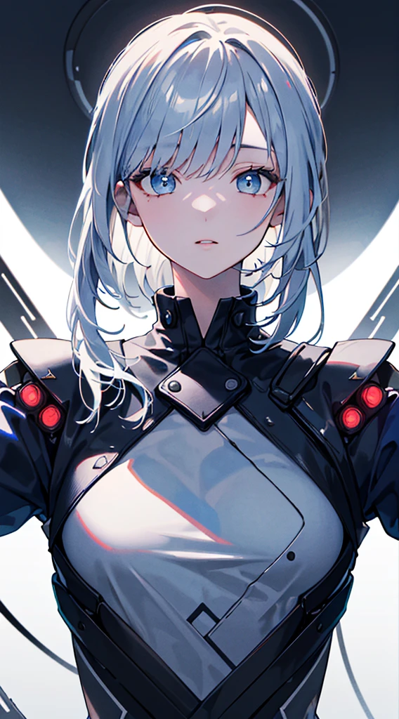 (best quality,high resolution,masterpiece:1.2),upper body,detailed sci-fi jacket,modern style,elegant pose,flawless skin,fashionable hairstyle,charming gaze,soft lighting