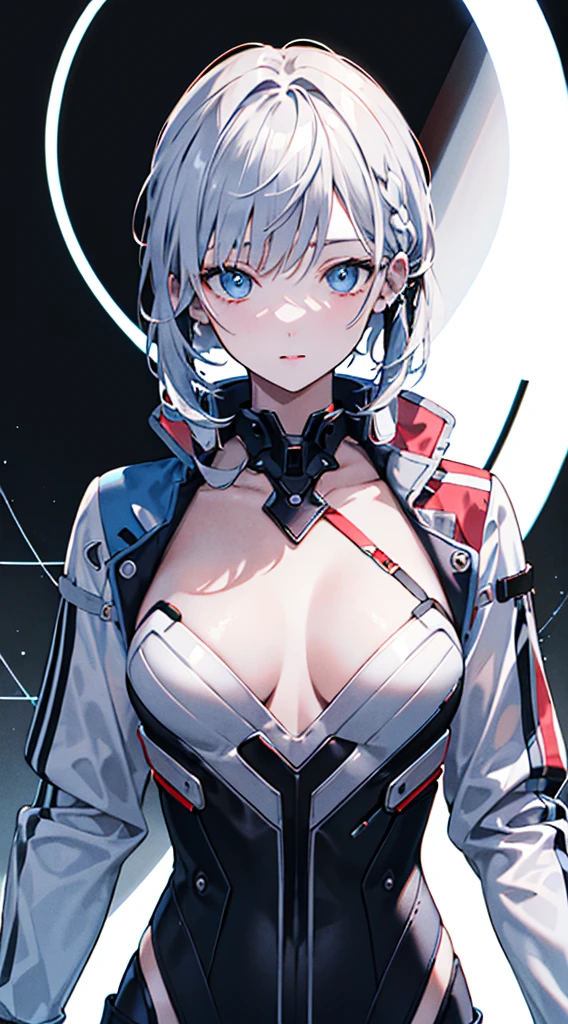 top-quality、Top image quality、in 8K,4K,masterpiece、(NSFW:1.3)、ultra-detailliert、Beautiful、ultra-quality、adult-like、Cool、girl with(((18year old、Tattered White Zero Suit 1:3、Bust 78、silber hair、a short bob、Red Eyes、flank、erotick:1.4、Happiness、The tattoo)))、place々torn:1.4、Raise your hands up:1.3、hiquality、visualart、Background with((nightcity:1.2))、masutepiece