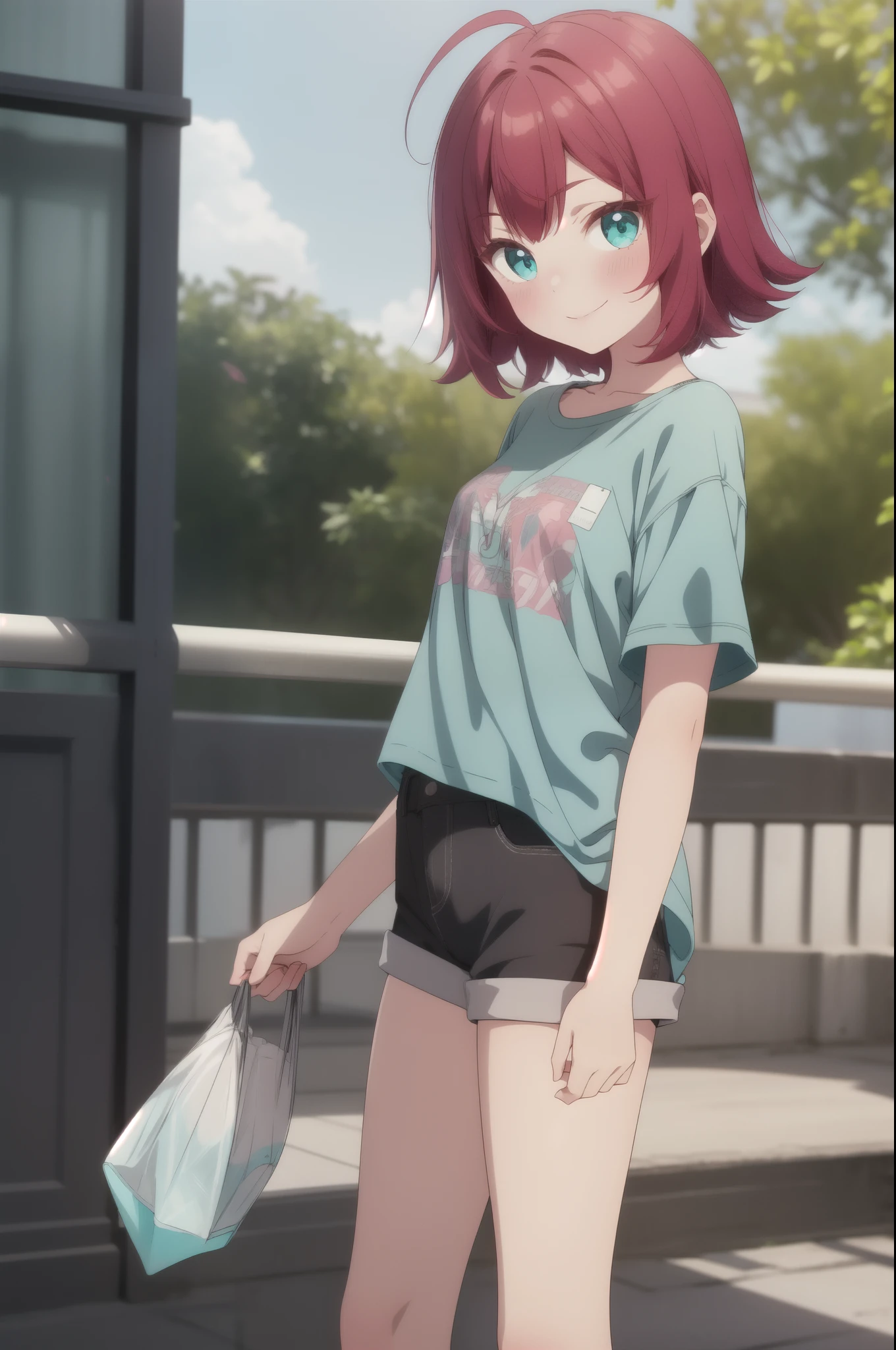 masterpiece, best quality, highres, 1girl, solo, kusuriloli, loli, small breasts, red hair, turquoise eyes, short hair, t-shirt, shorts, ahoge, standing, smile