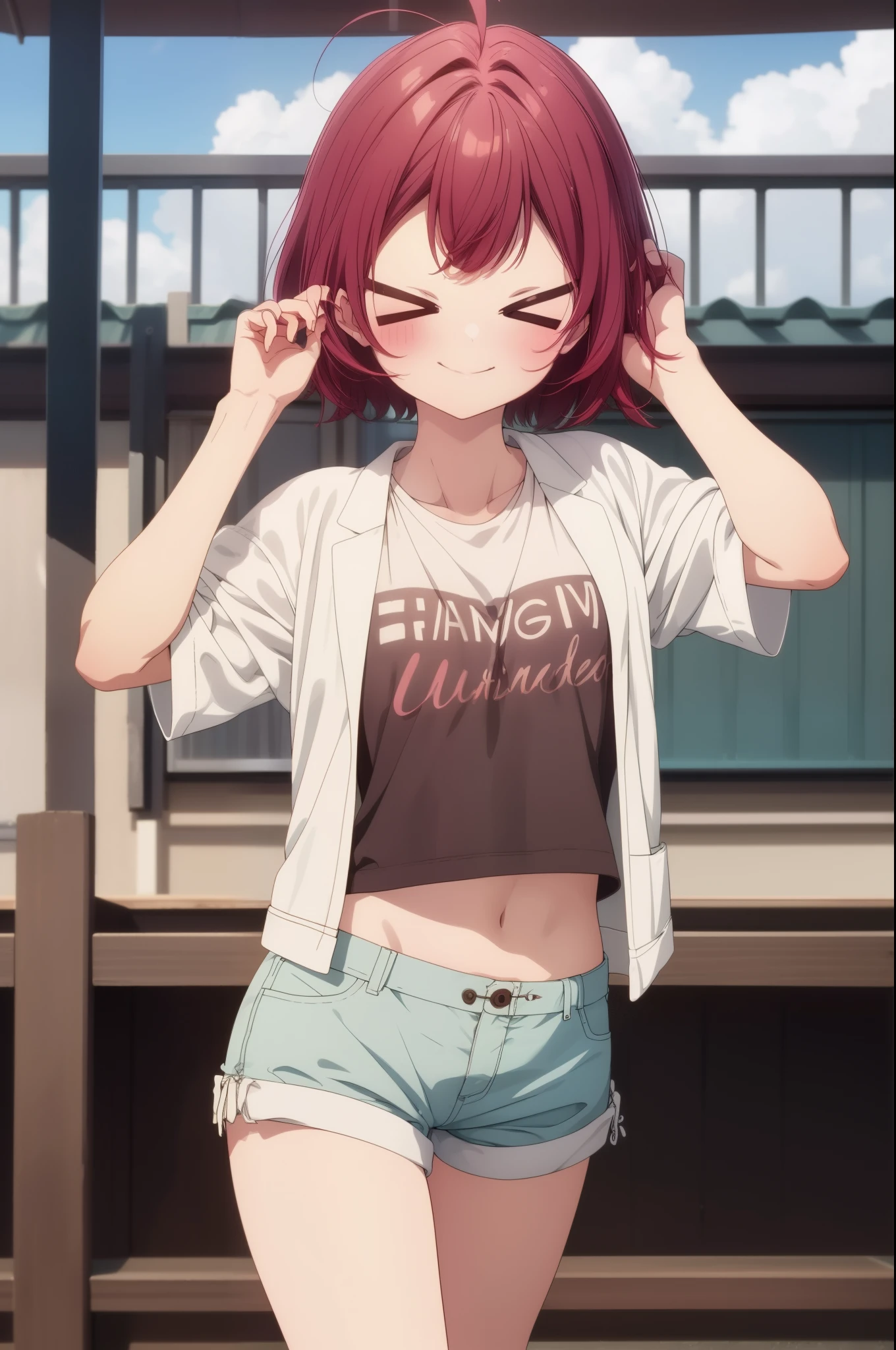 masterpiece, best quality, highres, 1girl, solo, kusuri****, ****, small breasts, red hair, turquoise eyes, short hair, t-shirt, shorts, ahoge, standing, smile, ><