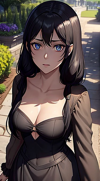 Long black hair,black coloured princess dress, standing,blue colour eyes,ultra realistic detailed blue eyes, beautiful and perfect face, sunlight and garden background, Violet Evergarden's hairstyle, black hair