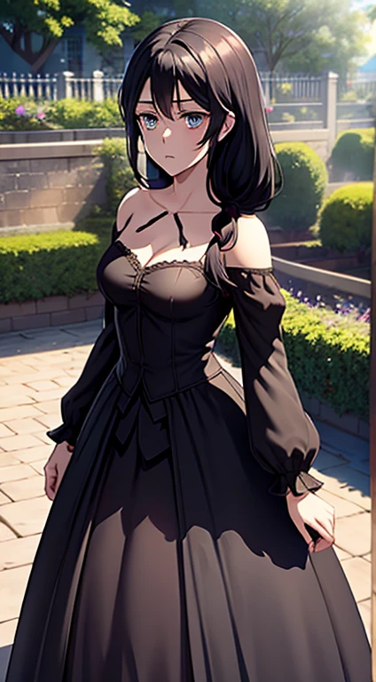 Long black hair,black coloured princess dress, standing,blue colour eyes,ultra realistic detailed blue eyes, beautiful and perfect face, sunlight and garden background, Violet Evergarden's hairstyle, black hair