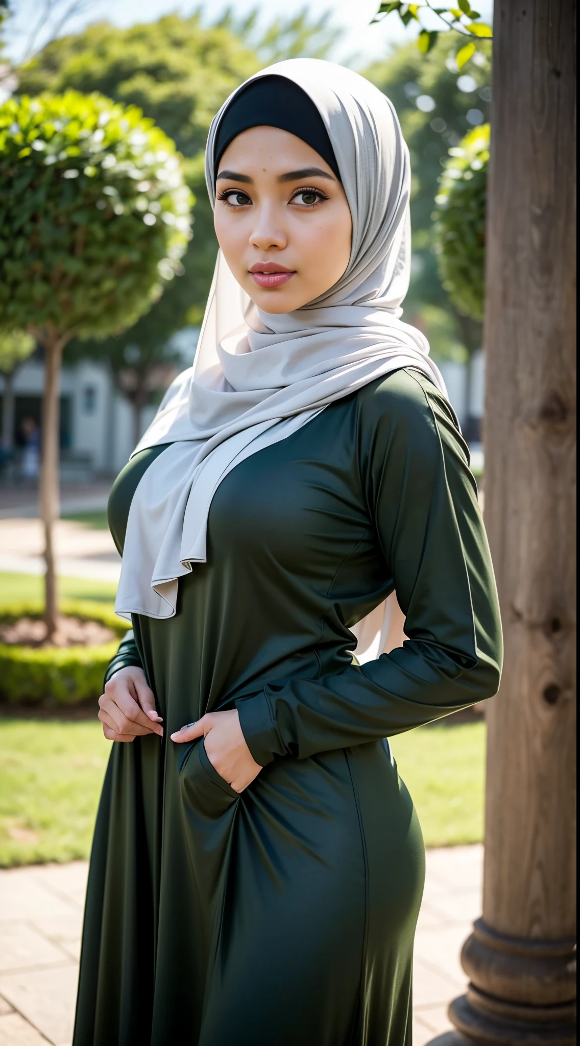 1 Malay girl, modern plain hijab, shy, medium portrait, watery eyes, RAW, Best quality, high resolution, masterpiece: 1.3), beautiful Malay woman in hijab (iu:0.8),((big breast)), perfect nose,perfect lips, perfect eyes, detail :1.2), soft smile, standing in the park, big breast, full body photo, wearing simple tight clothes, jean, full body length, full body length shot, hijab, full body wide shot, full body portrait, full body ;, full height, olive green, full photogenic photo body, clothing photos, profile photos