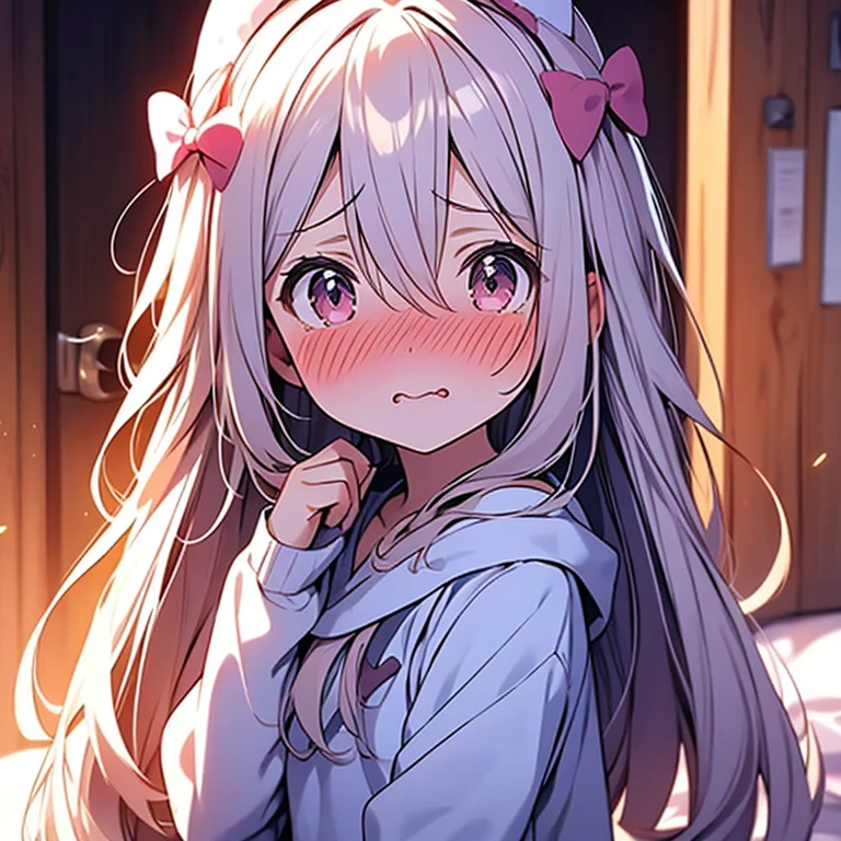 best quality, girl, (li), kawaii, long hair, blush, shy, nose blush , (small breasts), Lift your clothes,Chest exposed