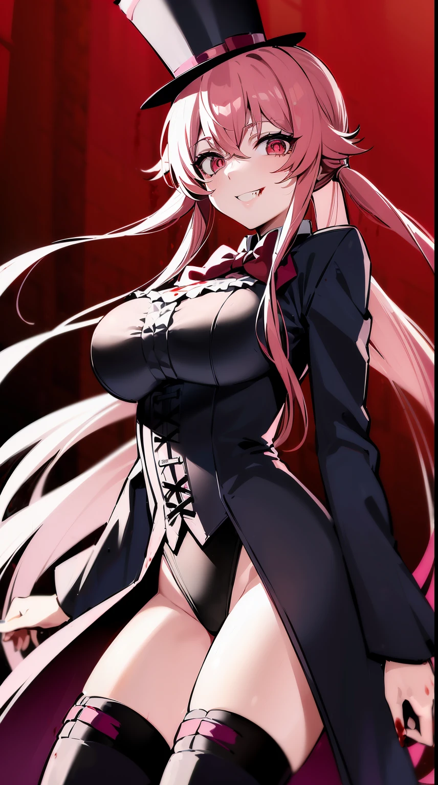 (best quality:1.3), Yuno Gasai , ((lingerie)), long hair, pink hair, smile, low twintails, yuno gasai, (Black, Lilien Tailcoat Black Pure Rose:1.37), (large breasts:1.5), 1girl, red eyes, (night:1.1), (evil eyes:1.1), Ladies Lace Up Boots, blood, (black trousers:1.1), (out door:1.5), (top hat:1.5), (evil:1.5), jack the ripper, (blood on body:1.5), (evil eyes:1.4), 4k, 8k, killing, best quality, masterpiece