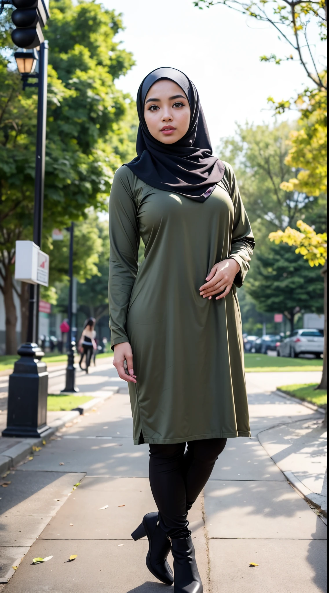 1 Malay girl, modern plain hijab, shy, medium portrait, watery eyes, RAW, Best quality, high resolution, masterpiece: 1.3), beautiful Malay woman in hijab (iu:0.8),((big breast)), perfect nose,perfect lips, perfect eyes, detail :1.2), soft smile, standing in the park, big breast, full body photo, wearing simple tight clothes, jean, full body length, full body length shot, hijab, full body wide shot, full body portrait, full body ;, full height, olive green, full photogenic photo body, clothing photos, profile photos