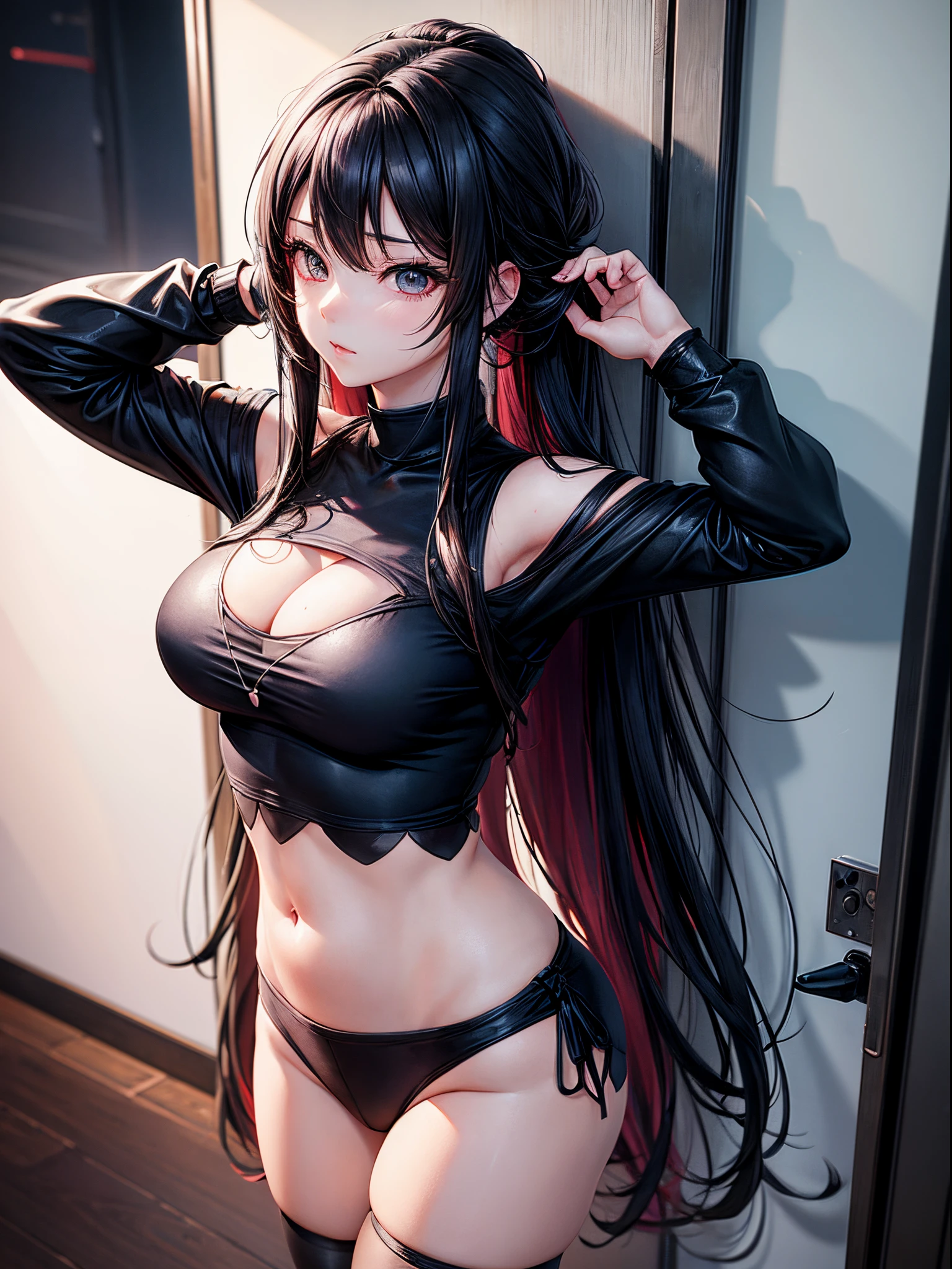A woman who is，[Wear black leggings]!!!，Posing for photos leaning against the door, The head is not exposed，[Wear white short-sleeved upper body with belly button exposed]!!!，[Bust photo]!!!an anime drawing by Shitao, Hot topics on pixiv, scribbles, realistic anime 3D style, seductive anime girls, attractive anime girls, Guweiz style artwork, beautiful alluring anime , Casual pose, anime girl in real life, realistic young anime girl, ecchi style