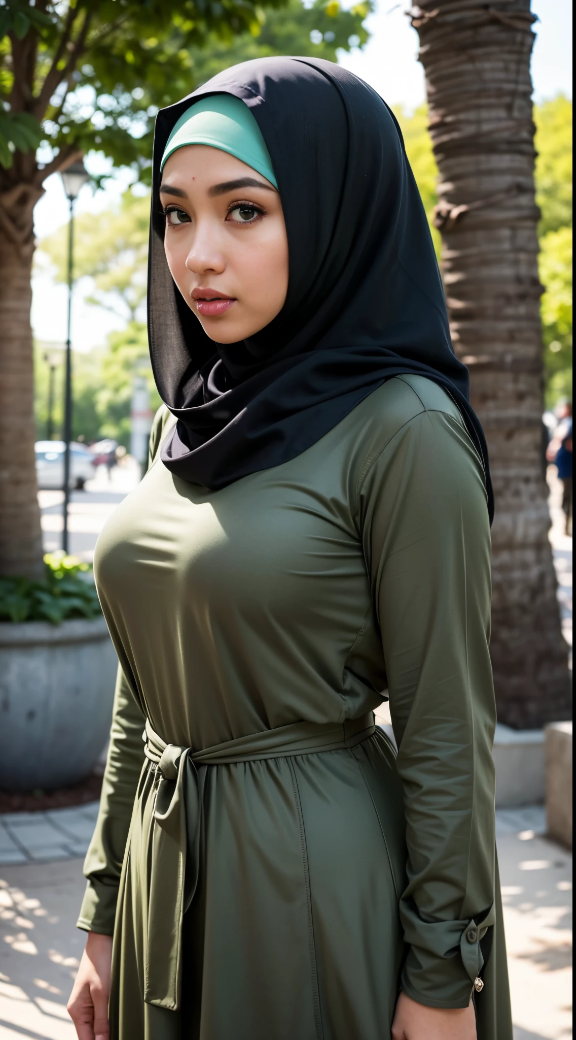 1 Malay girl, modern plain hijab, shy, medium portrait, watery eyes, RAW, Best quality, high resolution, masterpiece: 1.3), beautiful Malay woman in hijab (iu:0.8),((big breast)), perfect nose,perfect lips, perfect eyes, detail :1.2), soft smile, standing in the park, big breast, full body photo, wearing simple tight clothes, jean, full body length, full body length shot, hijab, full body wide shot, full body portrait, full body ;, full height, olive green, full photogenic photo body, clothing photos, profile photos