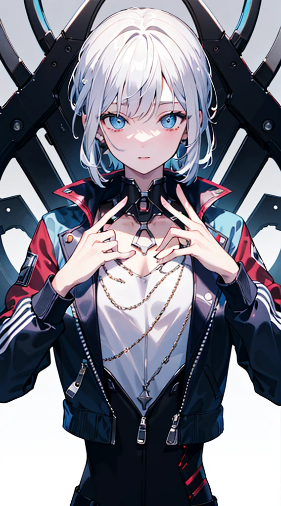 (best quality,high resolution,masterpiece:1.2),upper body,detailed sci-fi jacket,modern style,elegant pose,flawless skin,fashionable hairstyle,charming gaze,soft lighting, five fingers