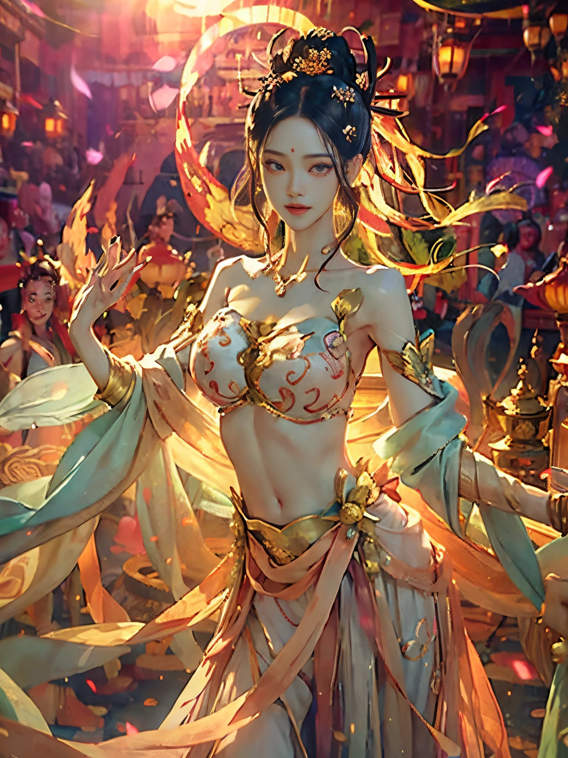 RAW Photo, Realistic, (Photo Real: 1.3), Best Quality, Masterpiece, Ultra Detail, Extreme Detail, 8k Wallpaper, Realistic Detail, Movie Lighting, Illustration, upper_body, Dynamic Angle, World Mastery Theater, Best Quality, Extremely Delicate Beautiful Girl, Perfect Face, Delicate Facial Features, Delicate Hands, Delicate Eyelashes, Delicate Eyes, Supple Fair Skin, Sexy Collarbone, Double girls dance, dunhuang_dress, Holding lotus, bare shoulders, stunning beauty, belly, navel, amazing, sexy, peach blossom eyes, light makeup, smile, lens_flare, mural background, streamers, floating, lanterns,