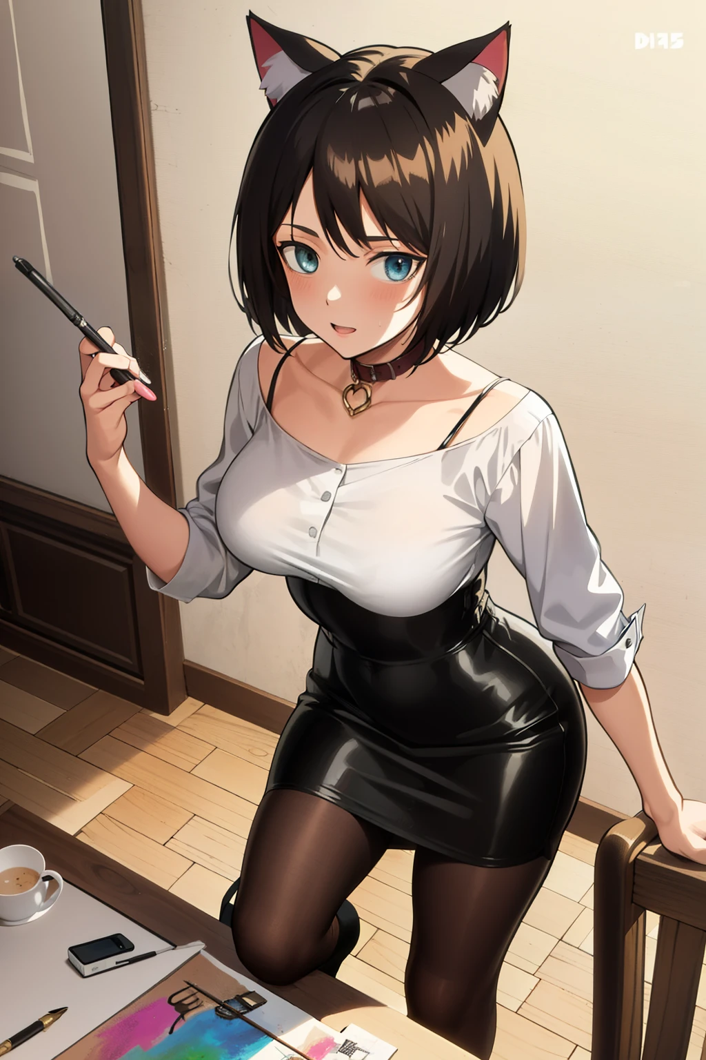 Cute girl,a painter,Painter's clothes,short hair, Drawing board, Hand drawing is better, adult girl, Girl, woman, sexy, Colors,big breasts, big chest,draw, full body, Cat ears, cat collar, cat tail