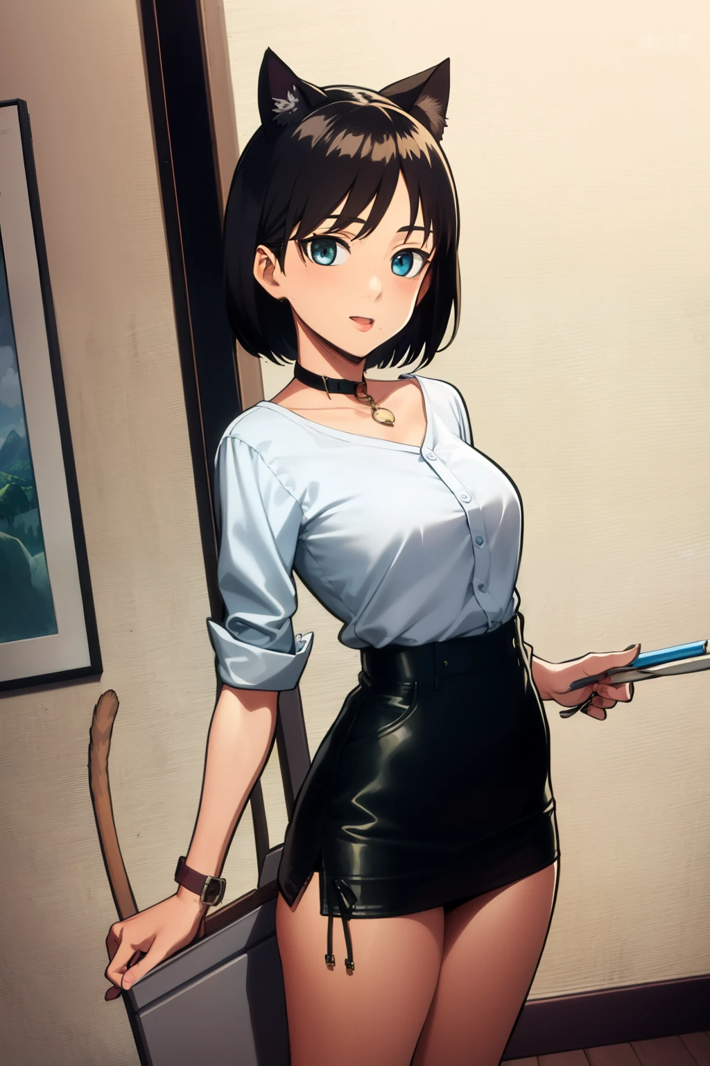 Cute girl,a painter,Painter's clothes,short hair, Drawing board, Hand drawing is better, adult girl, Girl, woman, sexy, Colors,big breasts, big chest,draw, full body, Cat ears, cat collar, cat tail