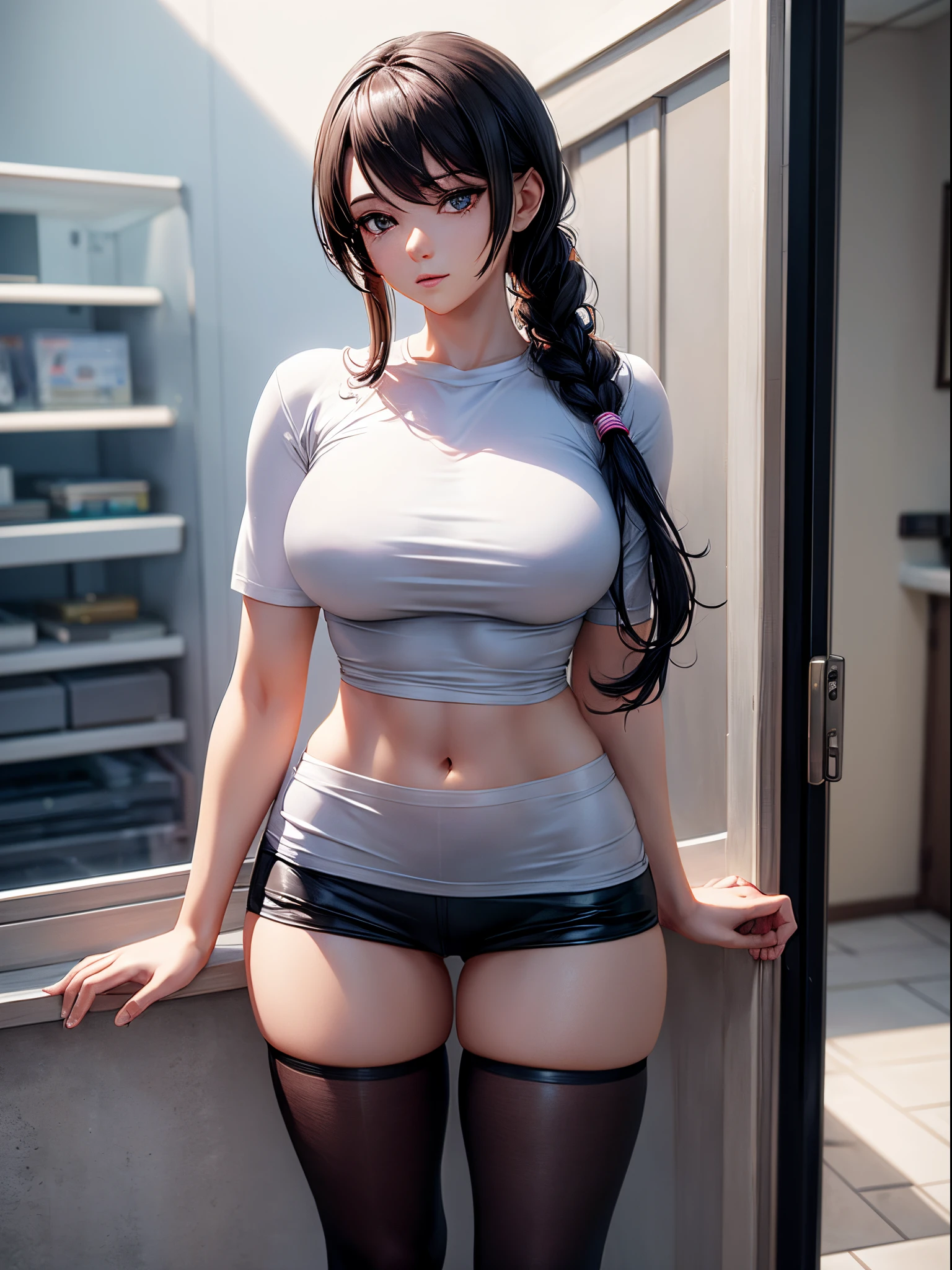 A woman wearing white short sleeves and black leggings，Posing for photos leaning against the door, Exposing the abdomen，The figure is good，The head is not exposed，[ 4K realism ]!!, [ 4K realism ]!!!, [ 4K digital art ]!!, Realistic shadow perfect body, realisticlying!!!!!!! art-style, photorealistic anime, by Shitao, Popular topics on cgstation, Casual pose, realistic anime 3D style