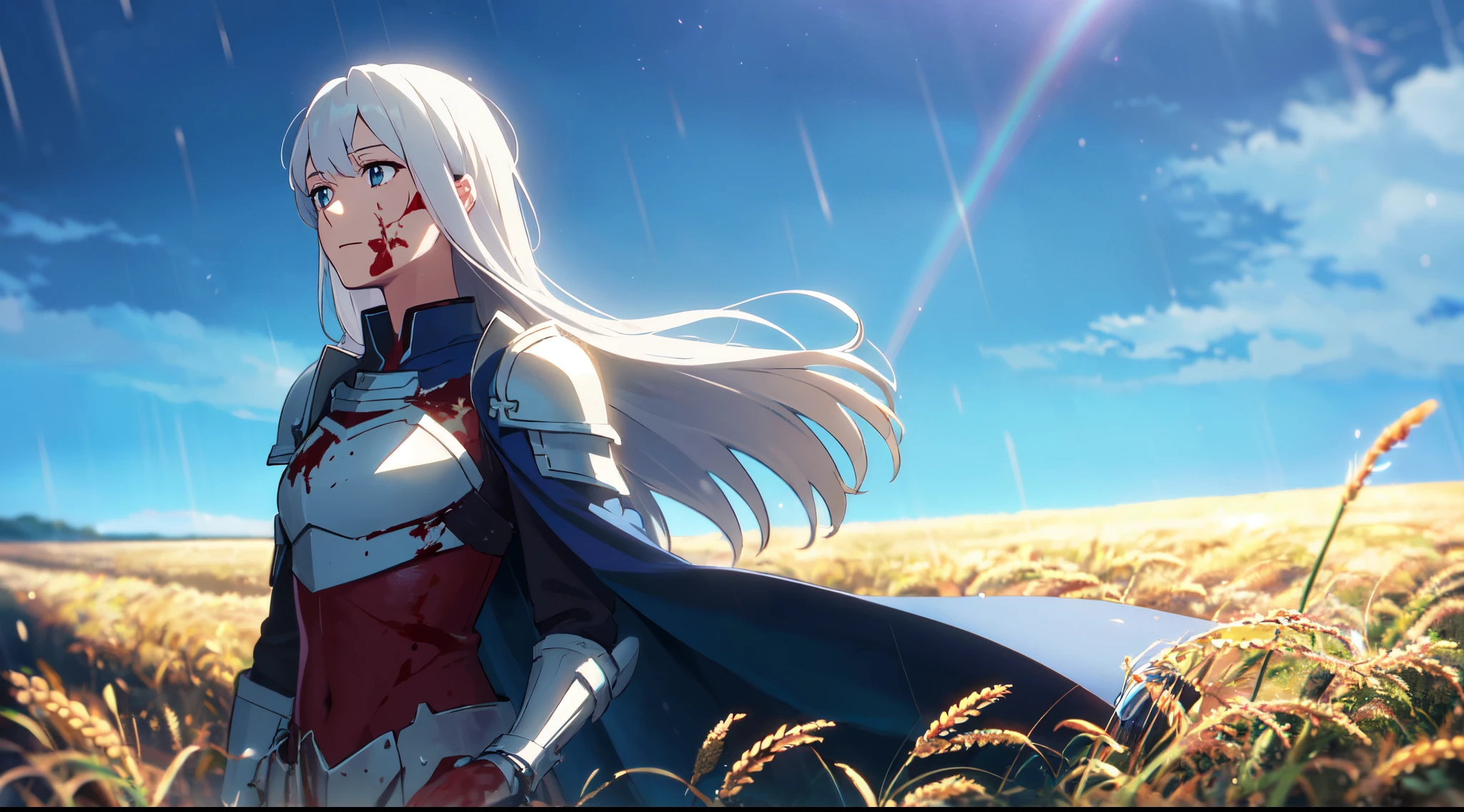 Masterpiece, 1 lady (solo), really long hair, White hair, Have light blue eyes. Scenery. Armor with blue cape, wear flower hairpin. Calm expression. (Blood on body and face) . Rain, Wheat field. Sky. (Look up at the sky). Ray tracing. Dramatic.