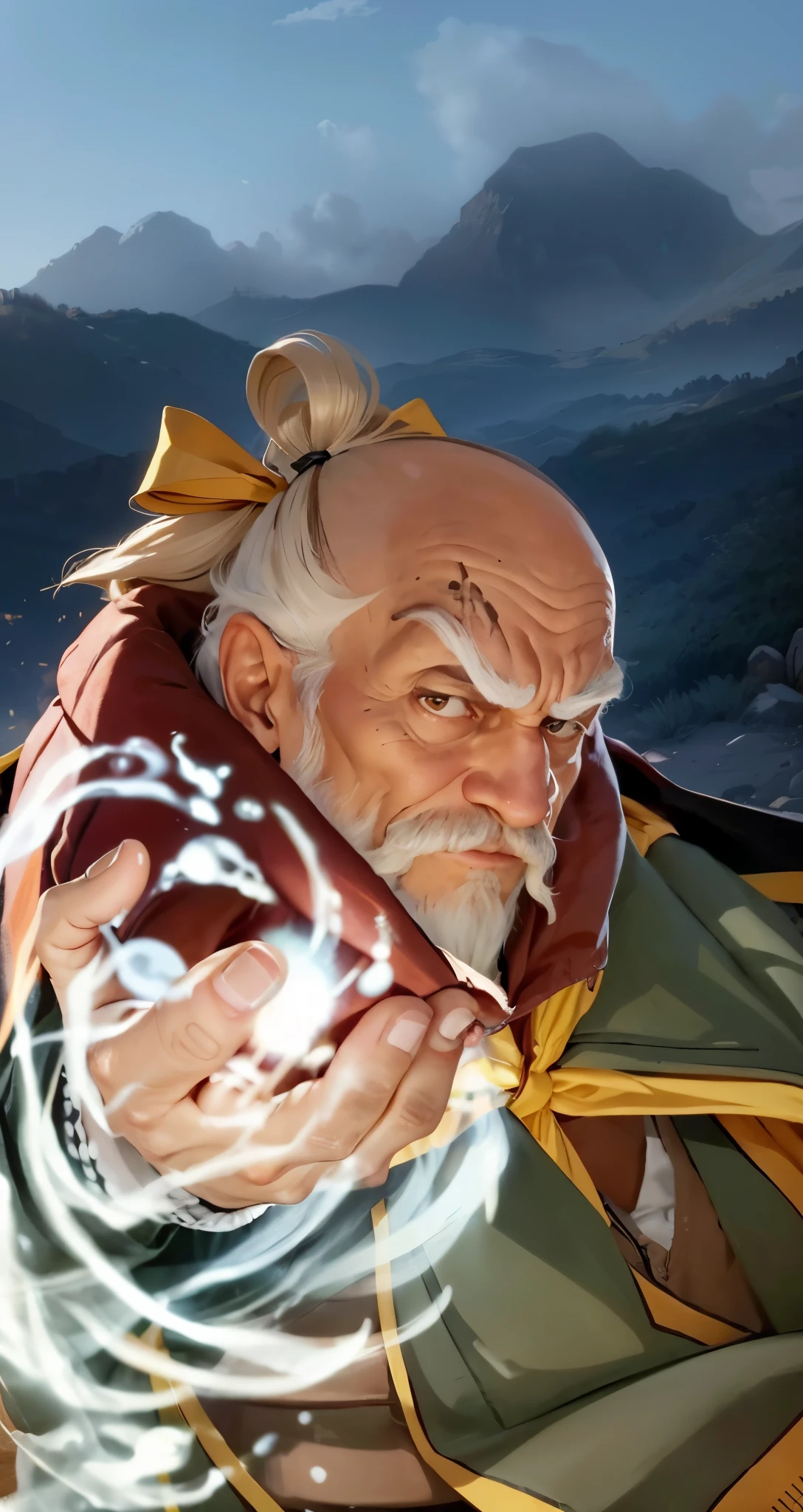 Real life adaption of this character , old man , realistic same hair , (realistic same outfit), realistic background , realistic light, realistic shadow, realism, hyper realistic,(photorealistic:1.2), normal small eyes, ,brown skin, There is a yellow hair ribbon, his hair tied, there is aura light coming from his hand, realistic same eyebrow, realistic same moustache, realistic same beard