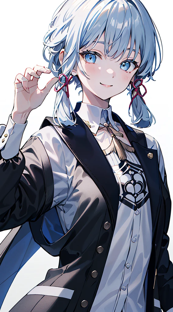 kamisato ayaka, (best quality, highres, masterpiece:1.2), upper body, detailed black and white coat, modern style, cute pose, fade smile, flawless skin, stylish haircut, captivating gaze, soft lighting