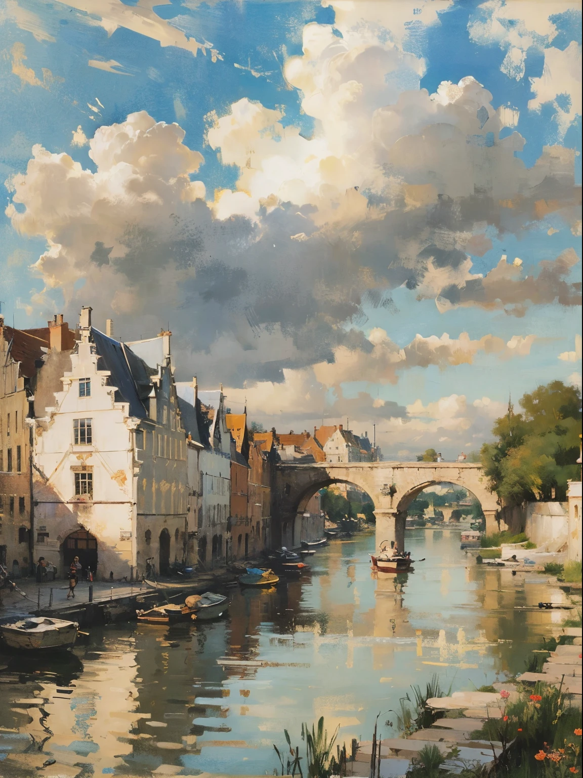 painting of a river with a bridge and a building in the background, by Pieter Franciscus Dierckx, by Carl Frederik von Breda, by Frits Thaulow, by Henri Harpignies, by Luigi Kasimir, by Eugène Brands, by Henri Biva, by Adolf Schrödter, by Ernest Biéler