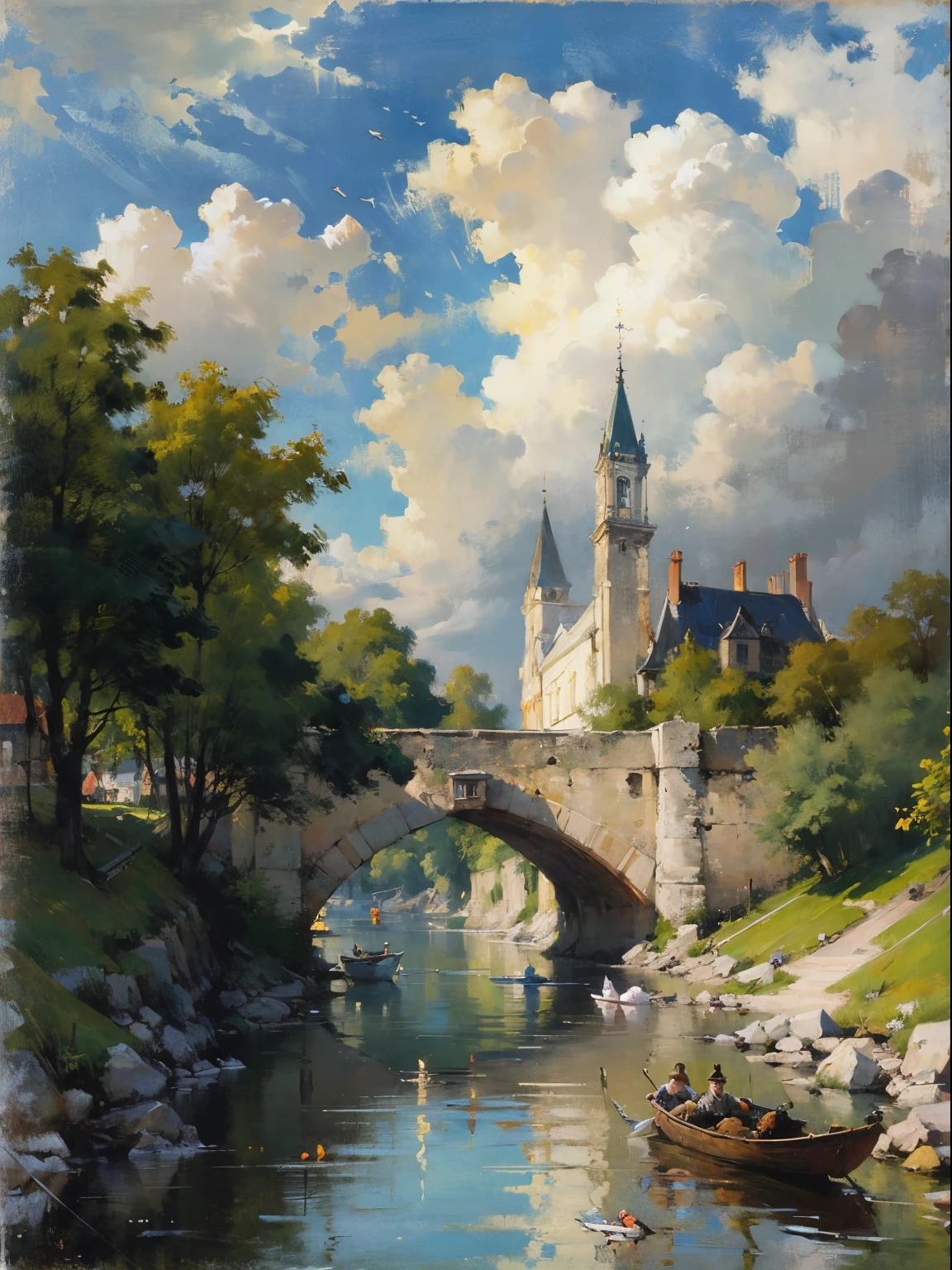 painting of a river with a bridge and a building in the background, by Pieter Franciscus Dierckx, by Carl Frederik von Breda, by Frits Thaulow, by Henri Harpignies, by Luigi Kasimir, by Eugène Brands, by Henri Biva, by Adolf Schrödter, by Ernest Biéler