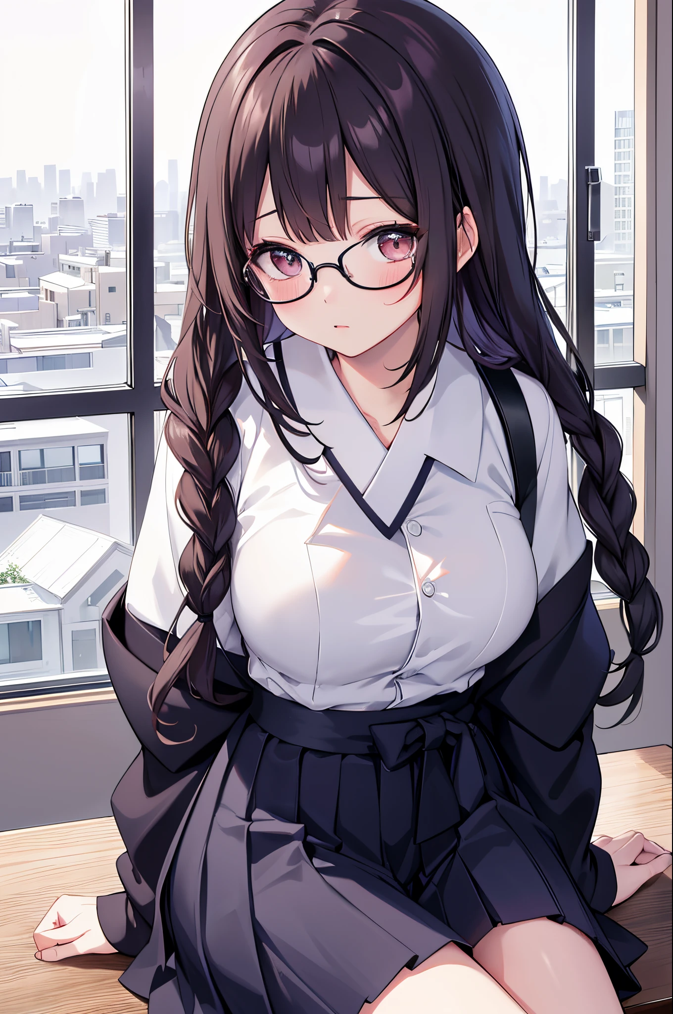 1girl, ((school uniform)), mature female, tall female, dark blue hair, black hair, long hair, wavy mouth, blue eyes, shy, timid, huge breasts, wide hips, thick thighs, pantyhose, arms behind back, white skirt, skirt, red necktie, necktie, black jacket, jacket, pleated skirt, red glasses, glasses, ((black jacket)), ((white skirt)), ((red glasses))