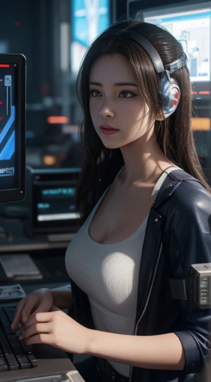 ((Best Quality)), ((Masterpiece)), (Very detailed:1.3), 3D, Beautiful (Cyberpunk:1.3) Female hacker, thick hair, half-exposed breasts, operating computer terminals, computer servers, LCD screens, fiber optic cables, corporate logos, HDR (High Dynamic Range), ray tracing, NVIDIA RTX, Super Resolution, Unreal 5, Subsurface scattering, PBR textures, Post processing, Anisotropic filtering, Depth of field, Maximum sharpness and sharpness, Multi-layered textures, Albedo and specular mapping, surface shading, accurate simulation of light-material interactions, perfect proportions, octane rendering, duotone lighting, low ISO, white balance, rule of thirds, wide aperture, 8K RAW, high efficiency sub-pixels, subpixel convolution, luminous particles,