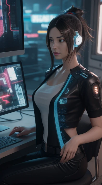 ((Best Quality)), ((Masterpiece)), (Very detailed:1.3), 3D, Beautiful (Cyberpunk:1.3) Female hacker, thick hair, half-exposed breasts, operating computer terminals, computer servers, LCD screens, fiber optic cables, corporate logos, HDR (High Dynamic Range), ray tracing, NVIDIA RTX, Super Resolution, Unreal 5, Subsurface scattering, PBR textures, Post processing, Anisotropic filtering, Depth of field, Maximum sharpness and sharpness, Multi-layered textures, Albedo and specular mapping, surface shading, accurate simulation of light-material interactions, perfect proportions, octane rendering, duotone lighting, low ISO, white balance, rule of thirds, wide aperture, 8K RAW, high efficiency sub-pixels, subpixel convolution, luminous particles,