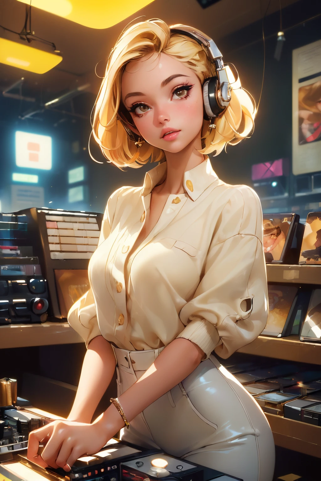 (masterpiece, best quality:1.4), ultra-detailed, soft light, natural lighting, cinematic light, film grain, (depth of field), (1woman, solo:1.4), young woman, perfect female form, (perfect face, detailed face, glossy lips, eyeliner), short hair, blonde, (mixtape:1.4), (music store, discs, vinil, radio, amplifiers, speakers),