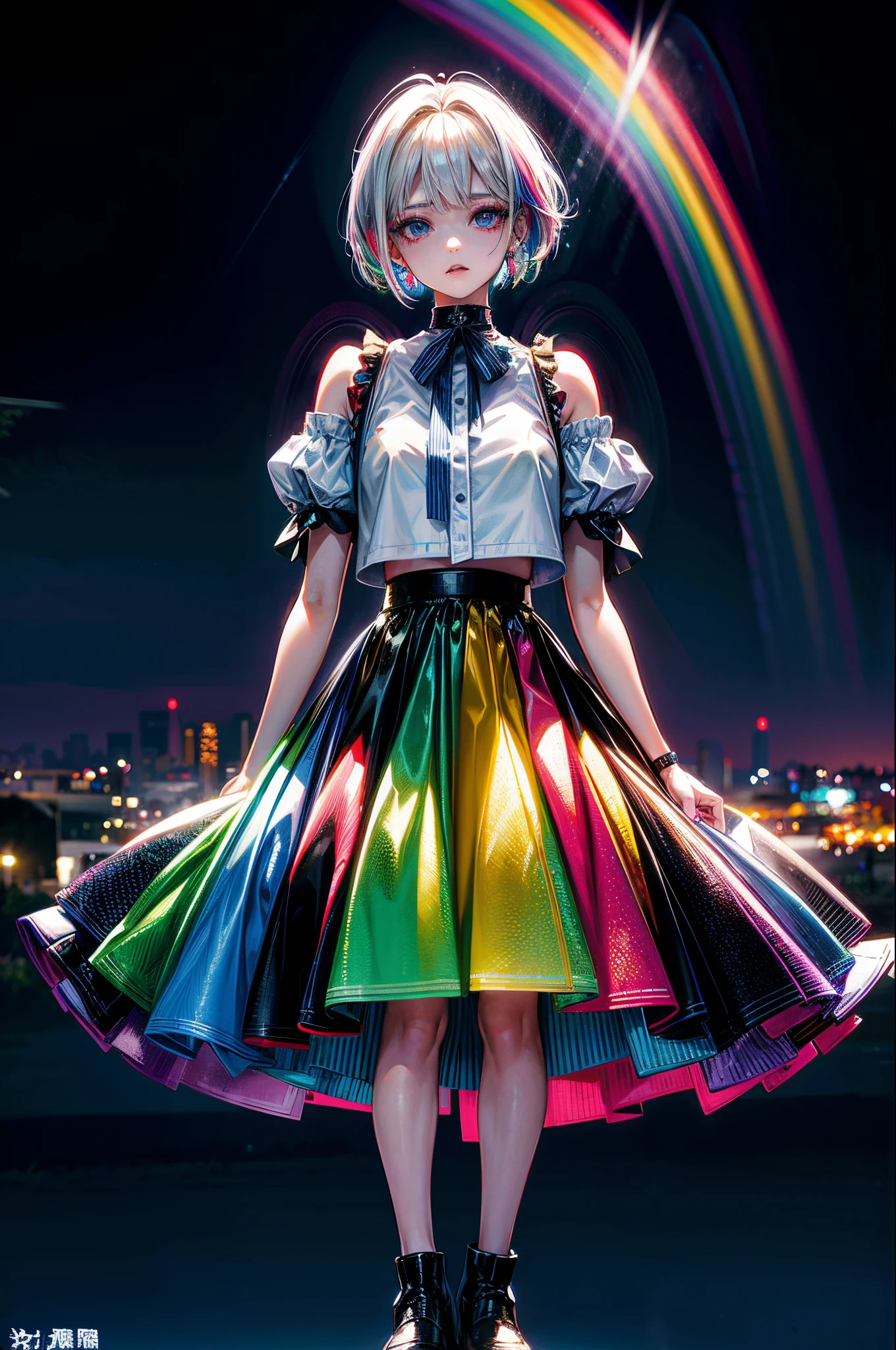 Rainbow on background、Irridescent color、colourfull、top-quality、超A high resolution、(Photorealsitic:1.4)、Female 1 Person、Sleeveless white buttoned shirt、Black skirt、Black Choker、cute little、(Kpop Idle)、(attractiveness:1)、(Platinum Blonde Hair:1)、((Puffy eyes))、Look at the viewer、full body Esbian、Facing the front