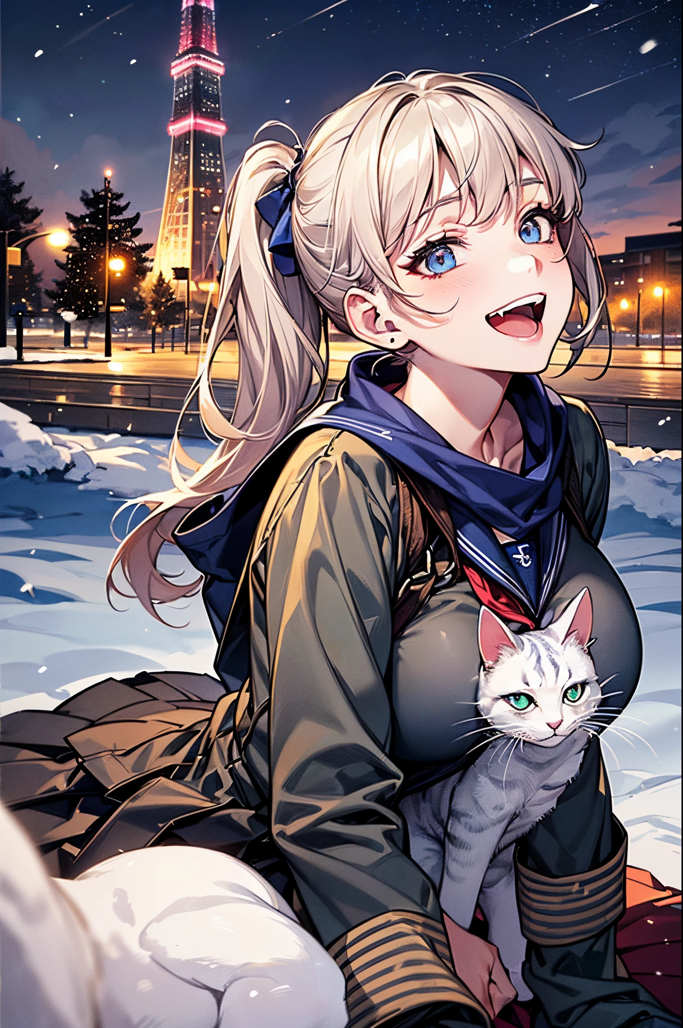 ((((perfect anatomy, super detailed skin)))), 1 girl, japanese, high school girl, shiny skin, large breasts:0.5, looking away, looking up, watching the view, from below, 
beautiful hair, beautiful face, beautiful detailed eyes, (long hair:1.7, side ponytail:1.5), blond hair, blue eyes, 
beautiful clavicle, beautiful body, beautiful chest, beautiful thigh, beautiful legs, babyface, mole under eye, 
(((gray duffle coat), ((long sleeves)), all navy sailor suit, navy pleated skirt, navy sailor collar, red sailor scarf, thigh-highs, short boots), school bag, cross necklace), seductive thighs, , 
((smile:1.5, open your mouth wide)), sitting, (((hugging white cat, a lot of cats gather))), 
(beautiful scenery), winter, midnight, hokkaido, sapporo, odori park, christmas, (christmas tree), illumination, tv tower, snow, snowfall:1.5, freezing weather, frost, 
(8k, top-quality, masterpiece​:1.2, extremely detailed), (photorealistic), beautiful illustration, cinematic lighting,