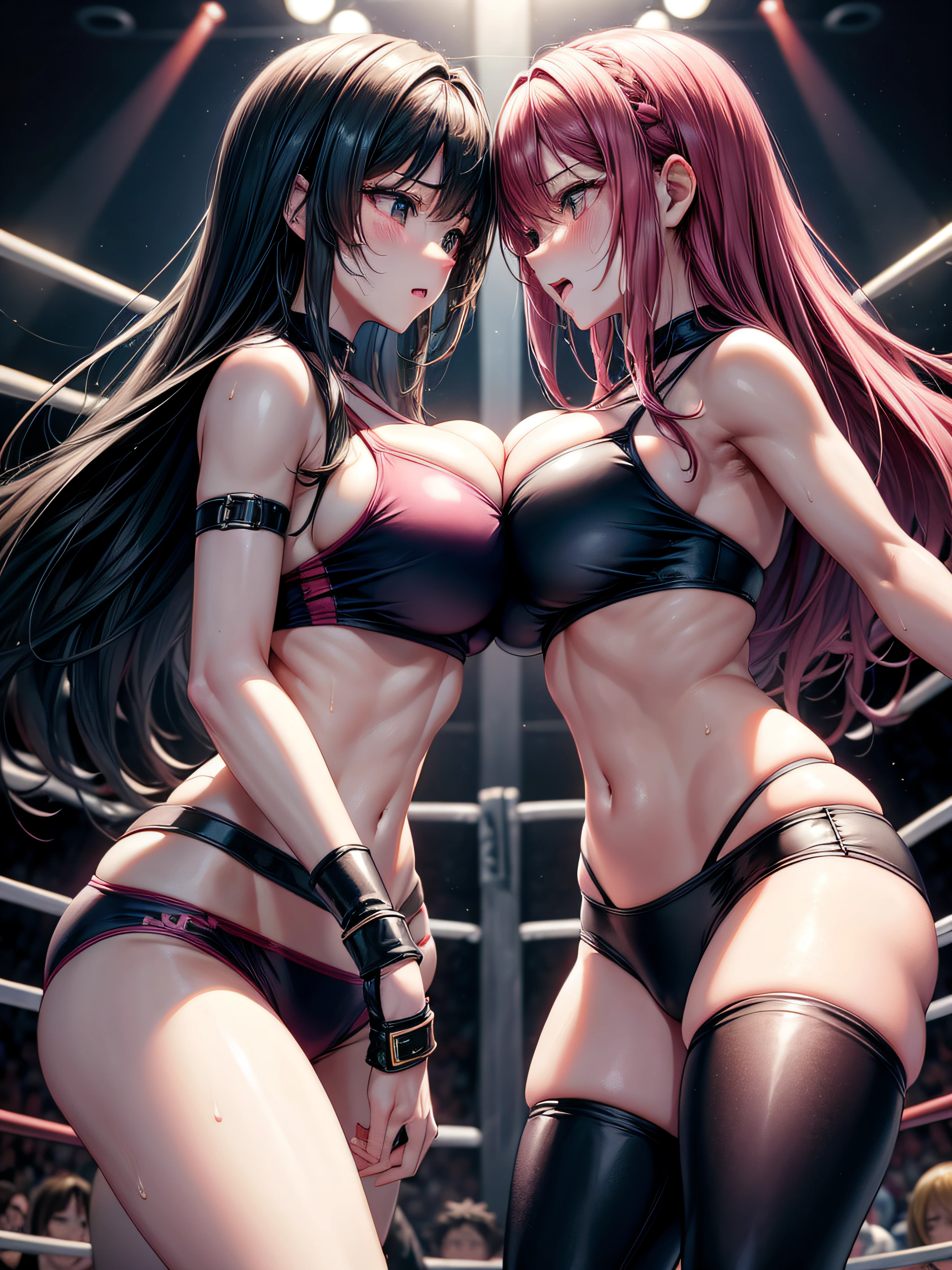 two professional female wrestler, fighting、two beauty girl、huge tit、Kawaii Girl、Longhaire、A dark-haired、Tying hair、Ring Costume、The bikini、knee boots、,girl fight, catfight、well-muscled、abdominals、full body seen、Above the ring、Playing a match、Wearing sweat、Sweaty skin、wetted skin、 face, struggle, blush,