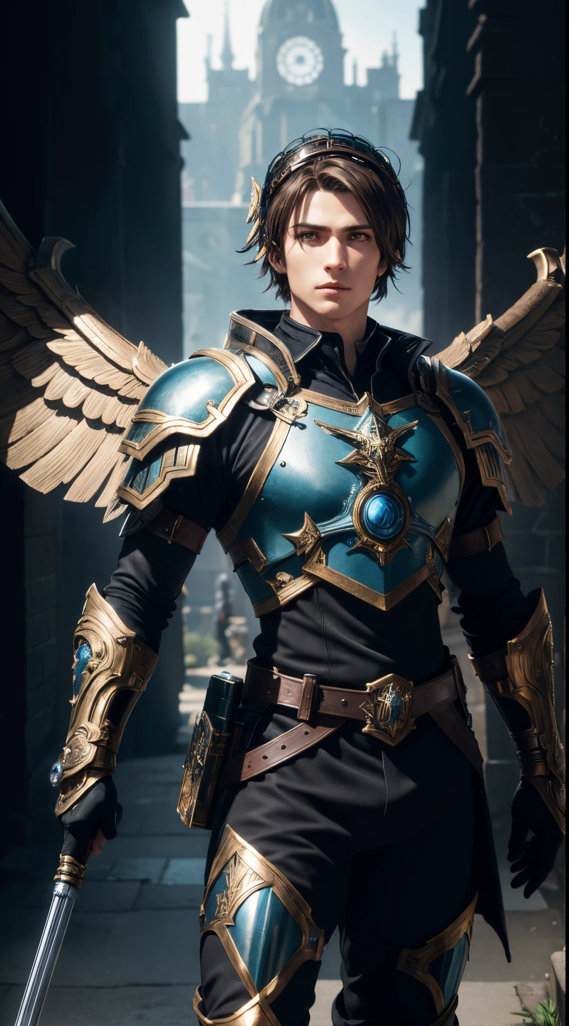 (absurdres, highres, ultra detailed, HDR), masterpiece, best quality, Valkyrie Profile Character handsome boy in black Valkyrie suit short hair wearing headgear brown hair