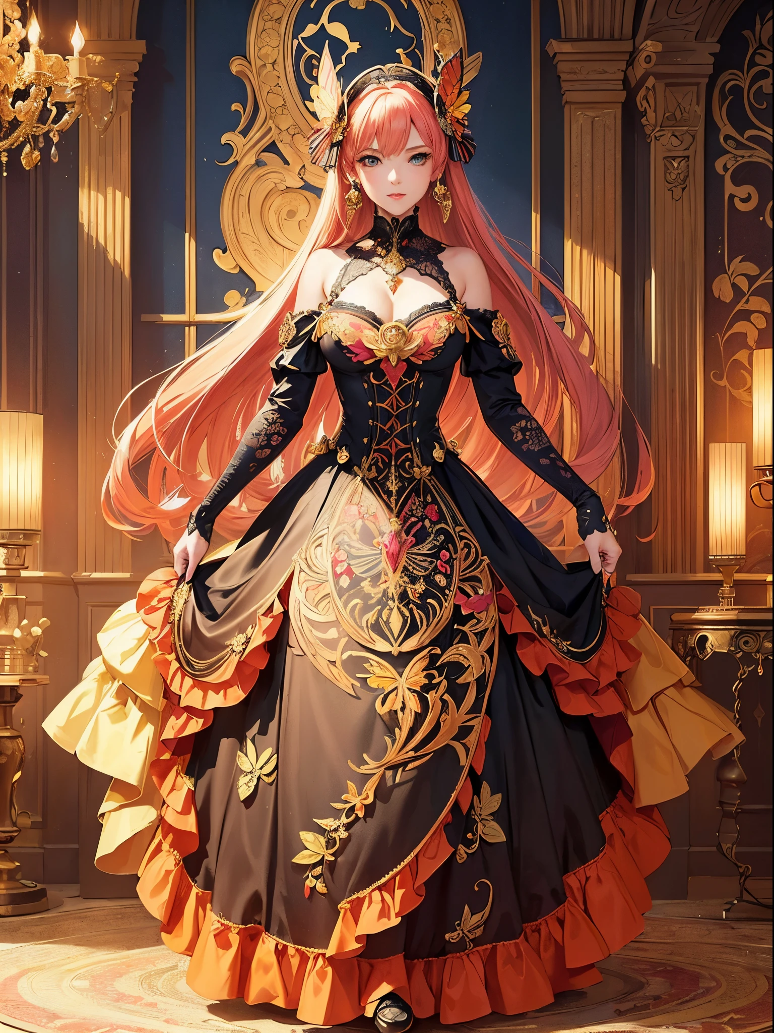 Butterfly motif、Orange tone、Vibrant colors、((masterpiece)))、(((top-quality)))、((ultra-detailliert))、(A hyper-realistic)、(highly detailed CGillustration)、Official art、Rotterdam at the beginning of the 20th century、Decadent、Madame Papillon、Cool Beauty、Masquerade、refinement、Elegance、Gorgeous、Masks that cover most of the face、Colorful and detailed mask design、matchless beauty、Fans、gorgeous dress、jewely、female solo、Perfect Angle、perfect-composition、full body Esbian